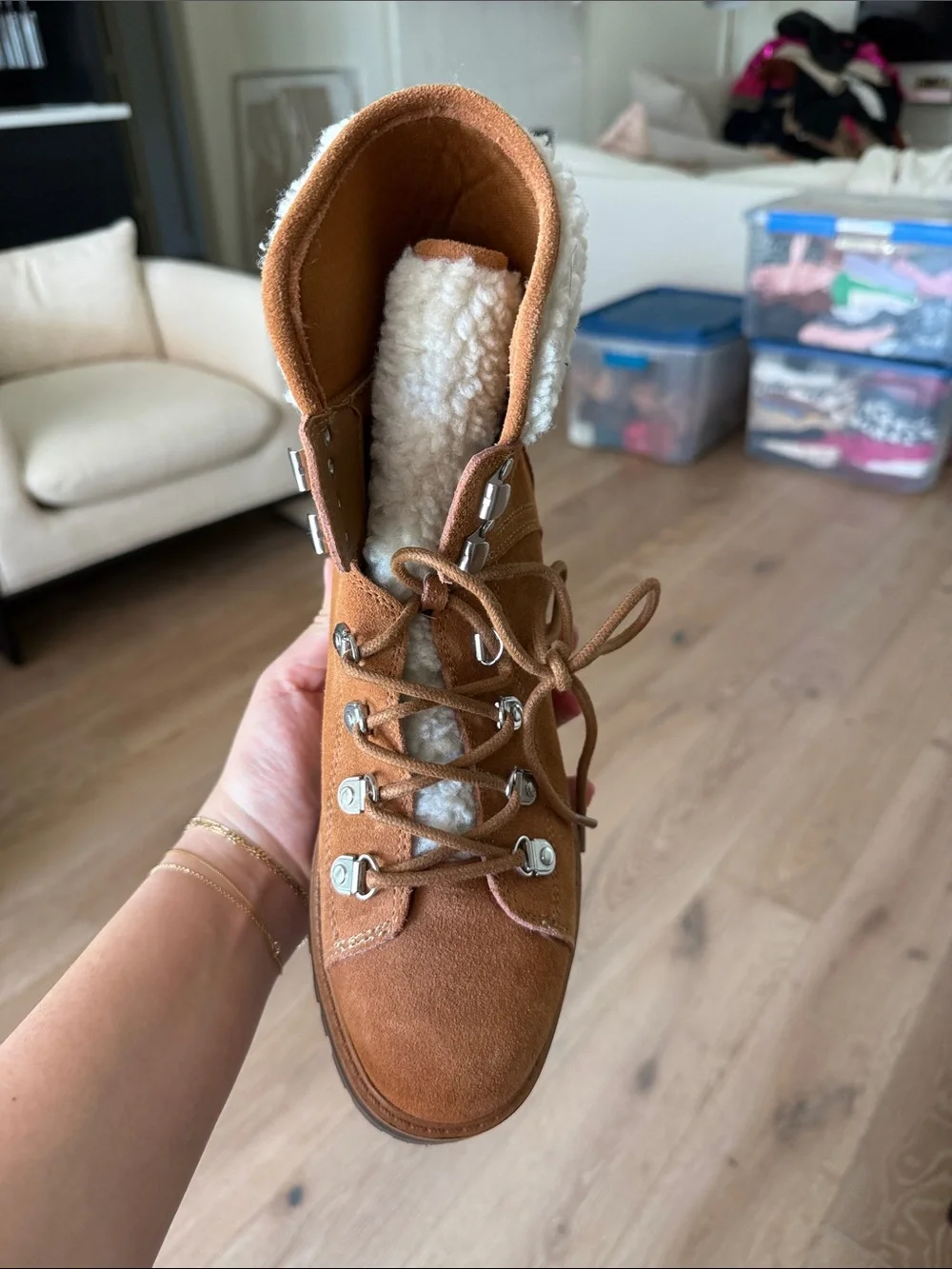 Marc Fisher Women's Tan Suede Shearling-Collar Hiking Boots